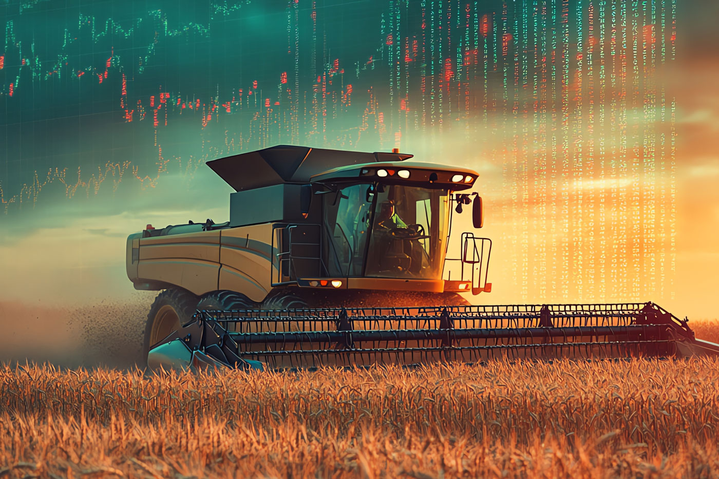 harvester in wheat field with graph overlay in background